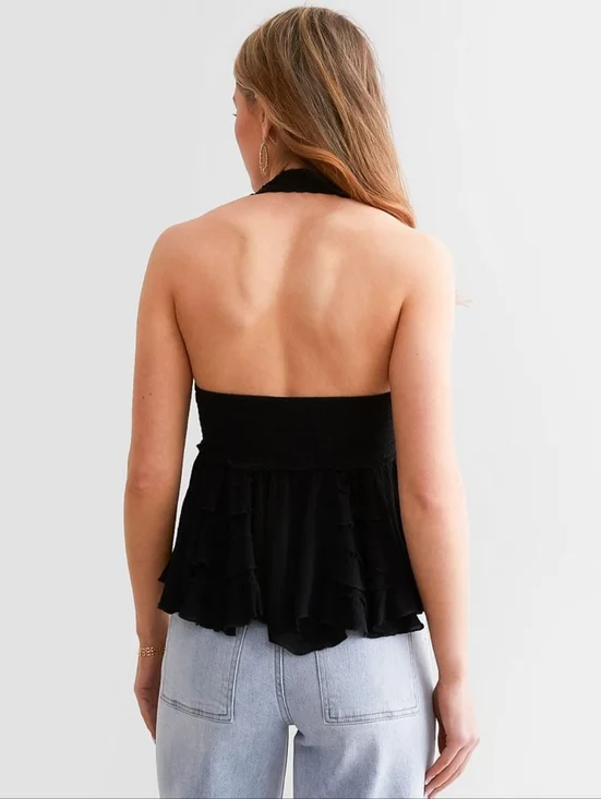 Free People Adella Halter Cami Halter Tank Top Black Lace Ruffled Size M - Picture 2 of 9